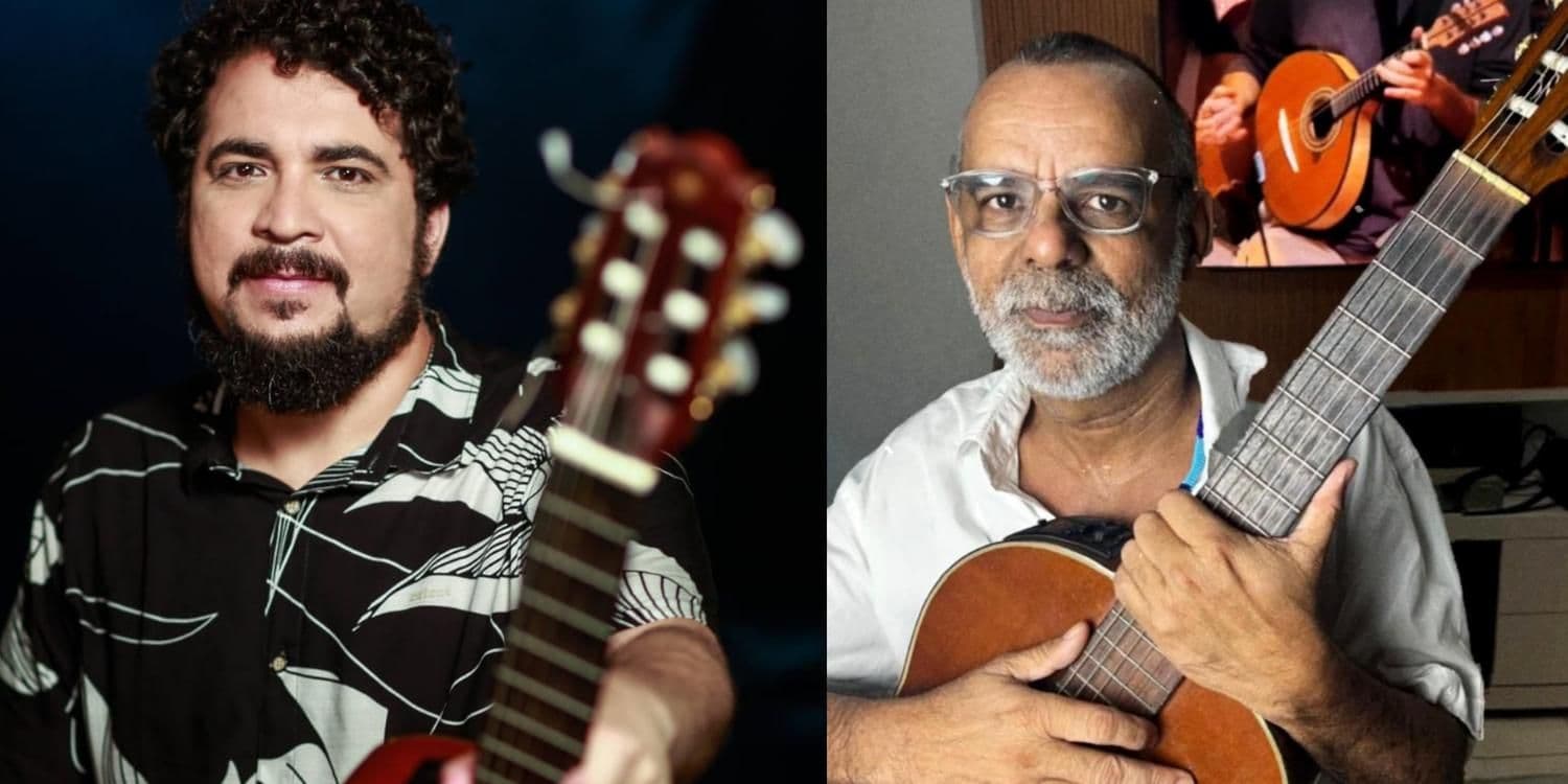 Cantores e compositores Allan Carvalho e Almino Henrique participam do XII Fecant em Altamira, no sudoeste do Pará (Foto: Montagem com fotos de Carlos Borges e de Divulgação)